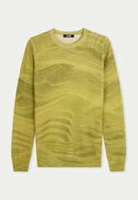 Grön tröja med en strukturerad, vågformad design, rund hals och långa ärmar. Tillverkad av ett mjukt stickat material med en något lös passform.