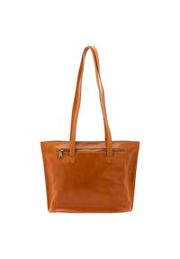 Borsa a spalla in pelle marrone chiaro con manici lunghi, tasca frontale con zip e finitura liscia. Presenta cuciture lungo i bordi.