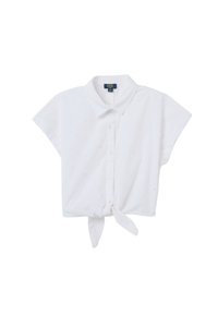 Witte korte mouwen blouse met kraag, voorzien van een striksluiting, een getextureerd stippenpatroon en knoopsluiting.