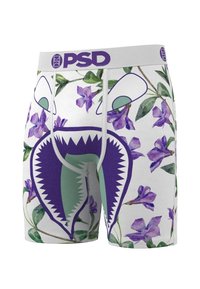 Bóxers breves con base blanca y patrones florales morados, diseño de boca de tiburón verde y una cintura elástica suave con logo.