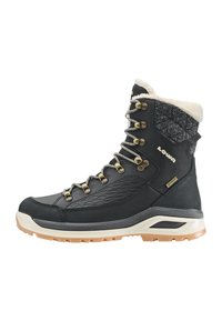 Schwarzer Wanderstiefel mit strukturiertem Obermaterial und weicher weißer Innenausstattung, ausgestattet mit Metallösen, grauen Schnürsenkeln und einer Gummisohle mit Grip-Mustern.