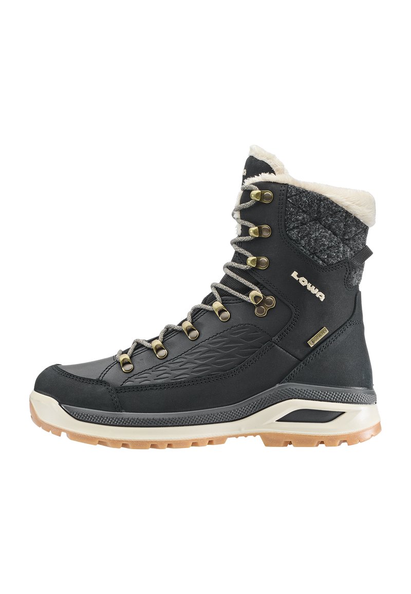 Schwarzer Wanderstiefel mit strukturiertem Obermaterial und weicher weißer Innenausstattung, ausgestattet mit Metallösen, grauen Schnürsenkeln und einer Gummisohle mit Grip-Mustern.