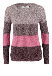 Strickpullover mit langen Ärmeln, der horizontale Streifen in Dunkelbraun, Hellrosa und Burgunderrot aufweist. Rundhalsausschnitt und strukturierter Stoff.