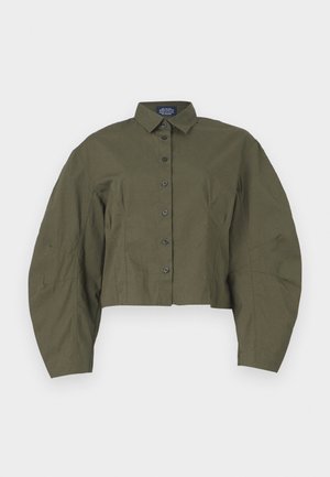 Cropped, olive green button-up shirt with a structured collar, puffed long sleeves, and black buttons. Smooth fabric with minimal texture.