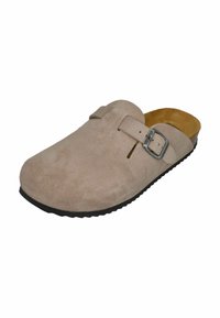Beige suede slip-on clog with adjustable silver buckle strap and contoured cork sole with black rubber tread.
