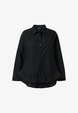 Chemise noire à manches longues avec fermeture à boutons et ourlet volants. Fabriquée en tissu léger avec un col classique et des fentes sur les côtés.