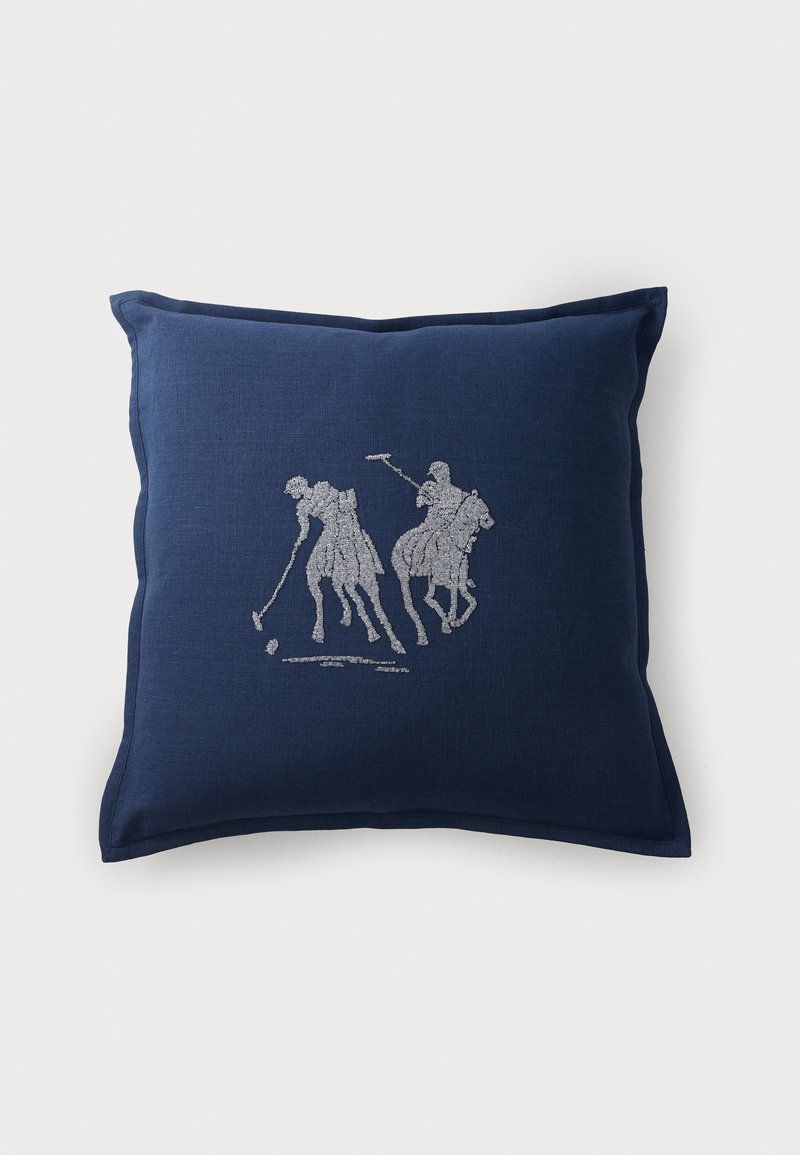 Navy blue cushion featuring silver embroidery of two figures, one on horseback, playing polo. Linen texture with piped edges.