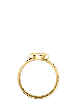 Goldring mit einer glatten, abgerundeten Fassung an der Oberseite, die kleine eingearbeitete Diamanten hält, seitlich gezeigt vor weißem Hintergrund.