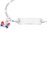 Pulsera de plata con una placa plana y rectangular y un charm de mariposa colorido con acentos rojos y morados. Diseño en eslabones de cadena.