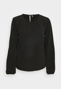 Schwarze langärmlige Bluse mit Rundhalsausschnitt, gerafften Details auf der Vorderseite und einem Schlüssellochverschluss auf der Rückseite. Glatte Stofftextur.