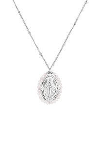 Collier en argent sterling avec un pendentif ovale présentant une figure religieuse en relief, entouré de perles rose clair sur le bord.