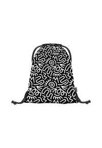 Sacca con coulisse caratterizzata da uno sfondo nero con intricati motivi di linee astratte bianche. Il materiale sembra leggero con dettagli hardware resistenti.