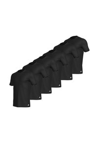 Sex svarta kortärmade t-shirts i ett tyg med slät textur. Varje tröja har en rund halsringning och en liten vit logotyp på den nedre sidan.