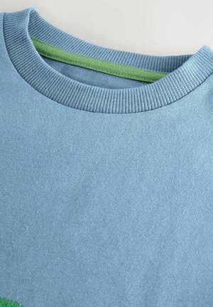 Hellblaue Sweatshirt mit strukturiertem Stoff, geripptem Rundhalsausschnitt und kontrastierendem grünen Innenhalsdetail.