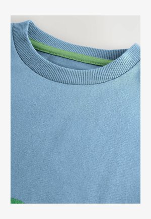 Světlemodrá mikina s texturovanou tkaninou, žebrovaným kulatým výstřihem a kontrastním zeleným detailem na vnitřní straně výstřihu.