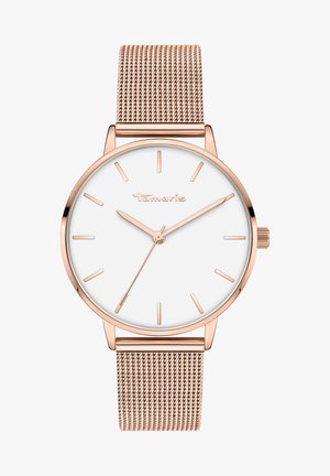 Runde Tamaris-Uhr mit weißem Zifferblatt, roségoldenen Zeigern und Indizes. Verfügt über ein mesh Band aus roségoldenen Metall für ein elegantes Design.