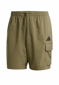 Olive green shorts with an elastic waistband and drawstring, featuring a side cargo pocket and a black logo accent on the left leg.