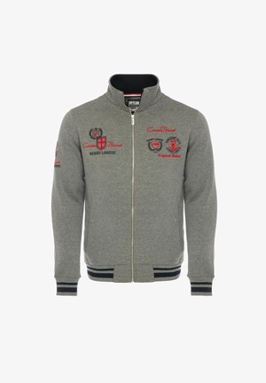 Gray zip-up sweatshirt with high collar, ribbed cuffs and hem, featuring red embroidered logos and patches on the chest and sleeves.