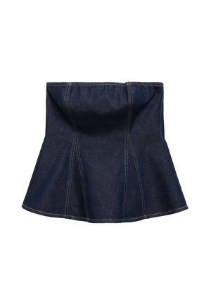 Dark blue denim skirt with flared design, featuring vertical seams and a smooth texture. No visible hardware or accents.
