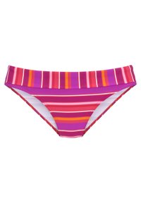 Bikini apatinės dalies spalvų derinys – horizontalių dryžių raštu: rožinė, purpurinė, oranžinė ir balta. Pagaminta iš lygaus, tamprumo turinčio audinio su vidutinio aukščio liemens juosta.