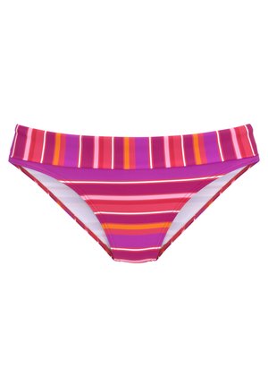 Bikinionderdeel in meerkleurige horizontale strepen: roze, paars, oranje en wit. Gemaakt van zachte, elastische stof met een middelhoge taille.