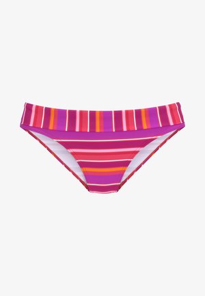 Bikinionderdeel in meerkleurige horizontale strepen: roze, paars, oranje en wit. Gemaakt van zachte, elastische stof met een middelhoge taille.