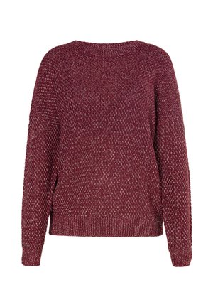 Gruby sweter z okrągłym dekoltem w kolorze bordowym, z akcentami srebrnej nici i długimi rękawami, charakteryzujący się luźnym krojem oraz ściągaczami przy mankietach i dolnym brzegu.