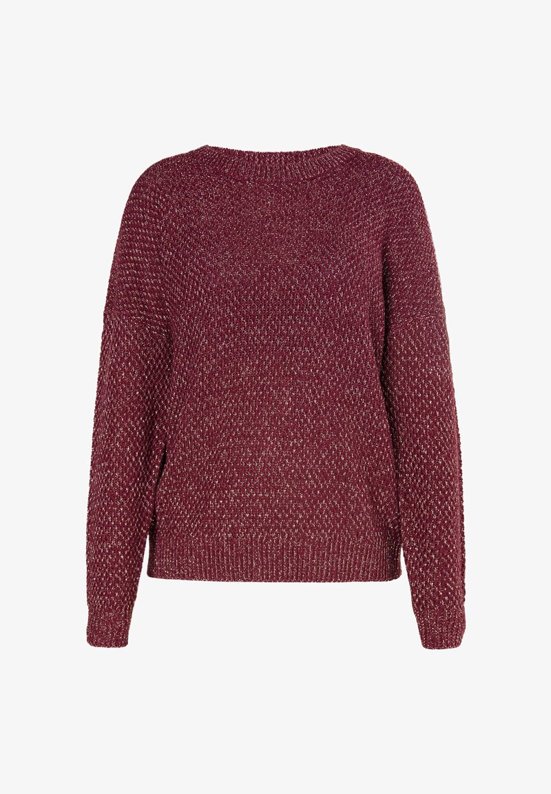 Chunky Strickpullover in Bordeaux mit silbernen Fäden, langen Ärmeln, lässiger Passform und gerippten Bündchen und Saum.