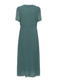 A teal pleated dress with short puff sleeves, a round neckline, and a smooth fabric texture, reaching mid-calf in length.
