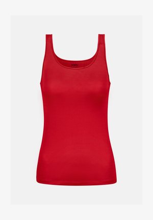 Červený tílko vyrobené z hladkého, elastického materiálu. Má tenké ramínka, výstřih do kulata a přiléhavou siluetu bez dalších ozdob.