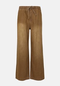 Vaatelaatikot leveät housut vaaleanruskeasta kankaasta. Ominaisuuksina on joustava vyötärö, jossa on kiristysnauha, sileä rakenne ja suorat saumat.