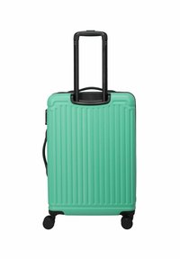 Hartschalentrolley in Mintgrün mit vertikalen Rillen, schwarzem Teleskopgriff und vier schwarzen Rollen für gute Beweglichkeit.