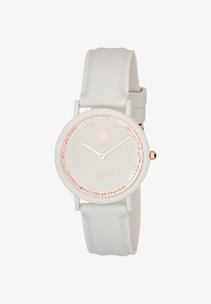 Orologio da polso con cinturino in silicone bianco e quadrante rotondo bianco, indici delle ore in rosa gold e logo e testo U.S. Polo Assn. sul quadrante.