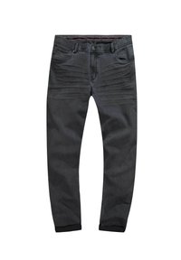 Mænds mørke grå denimjeans med lige pasform, fem-lomme design og syede detaljer. Oprullede kanter og let slidte tekstur.