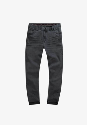 Heren donkergrijze denim jeans met een rechte snit, vijf zakken en gestikte accenten. Omgeslagen zoom en een licht vervaagde textuur.