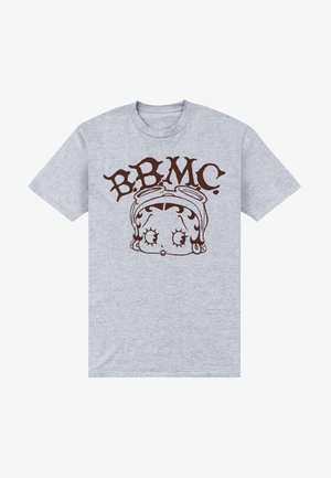 Szara bawełniana koszulka z brązowym rysunkiem postaci z dużymi oczami i goglami, z napisem "B.B.M.C." nad grafiką.