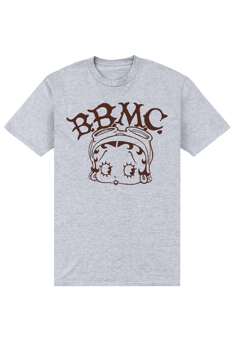 Camiseta de algodón gris con un gráfico de dibujo animado marrón de un personaje con grandes ojos y gafas, con el texto "B.B.M.C." encima del diseño.