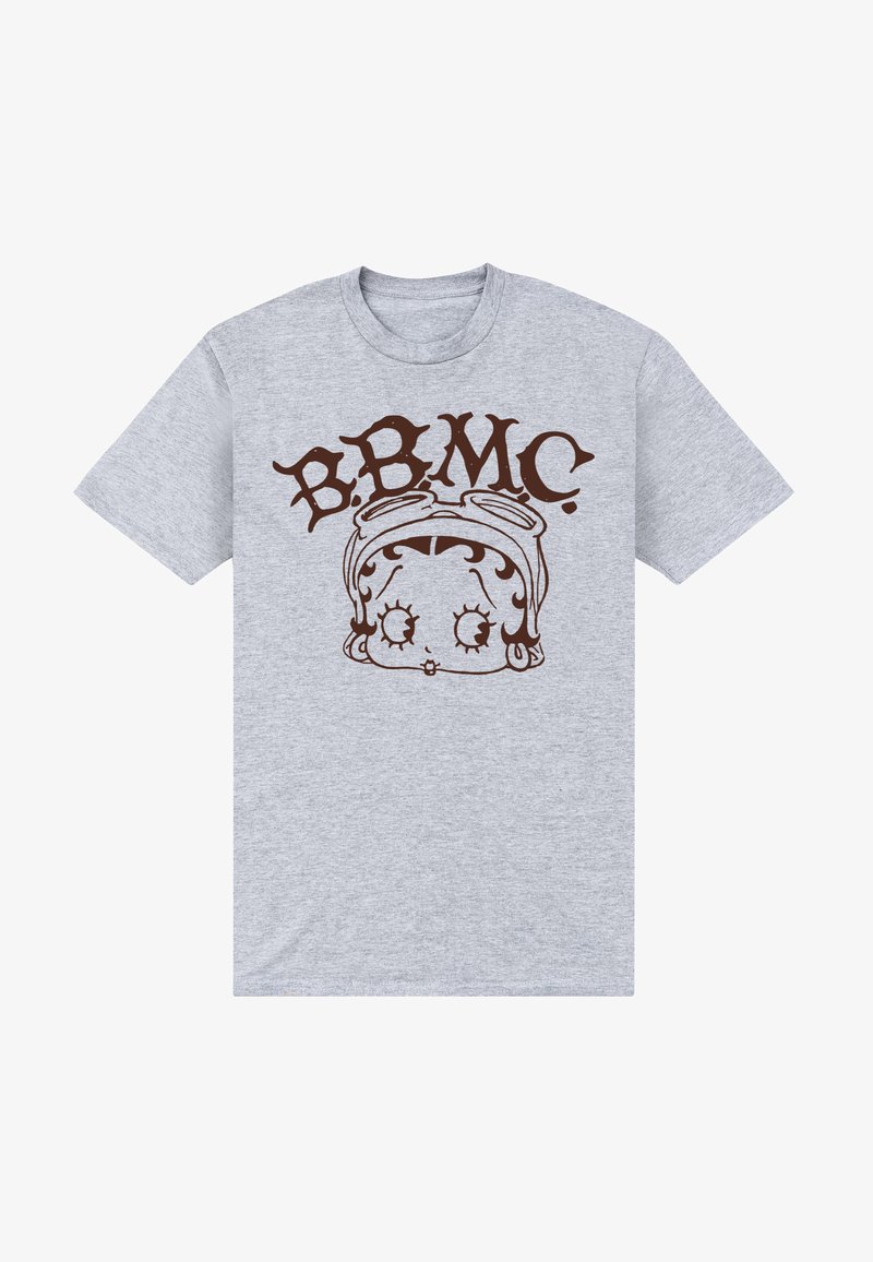 Camiseta de algodón gris con un gráfico de dibujo animado marrón de un personaje con grandes ojos y gafas, con el texto "B.B.M.C." encima del diseño.