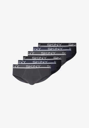 Set di cinque slip da uomo in colori scuri: nero, blu navy e antracite. Presenta cintura elastica con dettagli del logo "SKINY".