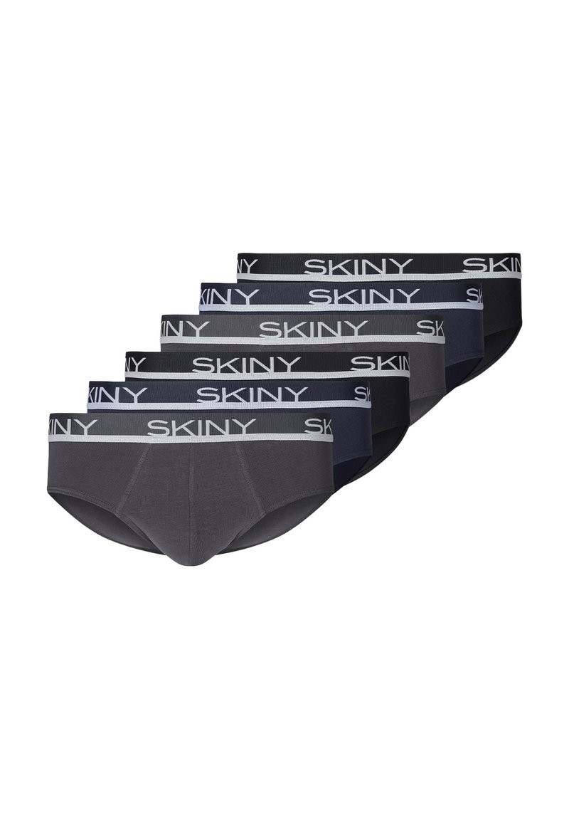 Set di cinque slip da uomo in colori scuri: nero, blu navy e antracite. Presenta cintura elastica con dettagli del logo "SKINY".