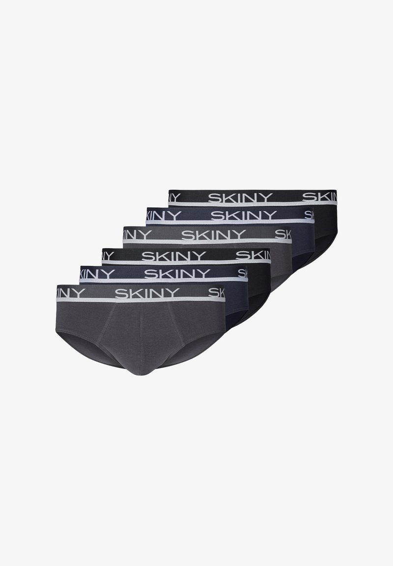 Set di cinque slip da uomo in colori scuri: nero, blu navy e antracite. Presenta cintura elastica con dettagli del logo "SKINY".