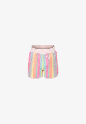 Shorts multicolores à rayures verticales en rose, bleu, vert, jaune et argent. Taille élastique rose et sequins scintillants.