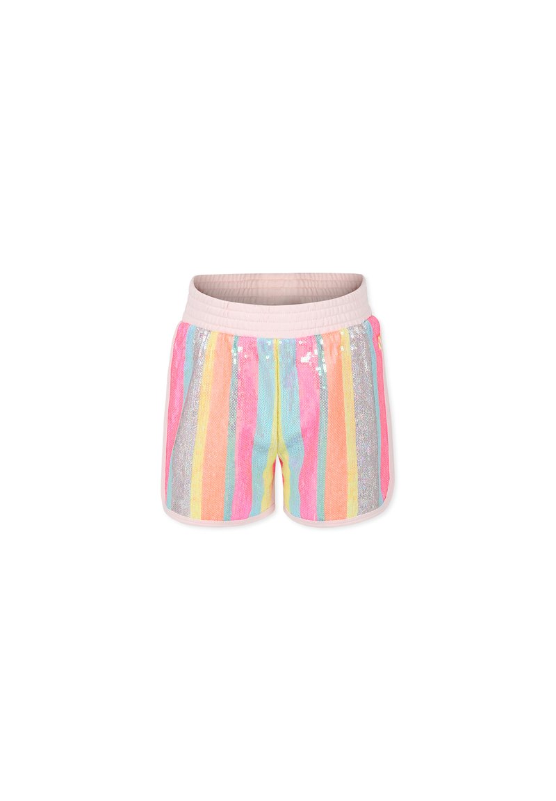 Shorts multicolores à rayures verticales en rose, bleu, vert, jaune et argent. Taille élastique rose et sequins scintillants.