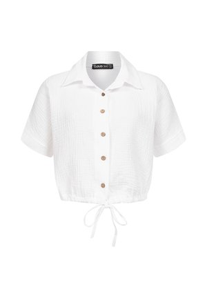 Wit kort mouwen overhemd met kraag, houten knopen, gestructureerde stof en een stropdas knoop onderaan in het midden.