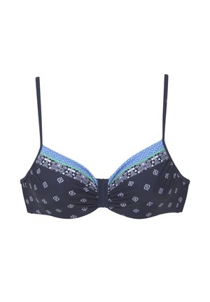 Black bikini top with thin straps, featuring small white floral patterns and a blue patterned trim along the neckline.
