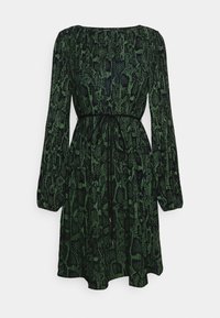 Robe imprimé serpent vert et noir avec manches longues bouffantes et une fine ceinture noire à nouer à la taille, présentée sur fond blanc.