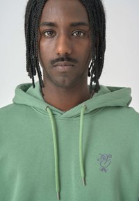 Green hooded sweatshirt made of soft fabric. Features a purple bird embroidery on the chest and contrasting light green drawstrings.