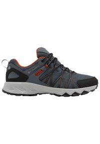 Lekkie szare buty trekkingowe z czarnymi akcentami i pomarańczowymi detalami. Siatkowa cholewka z fakturowanym wzorem, gumowa podeszwa dla lepszej przyczepności.