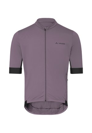 Maillot de cyclisme mauve à manches courtes avec fermeture éclair complète à l'avant, poignets de manches noirs, et logo Vaude sur la poitrine.