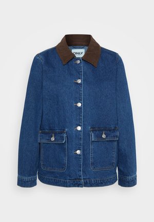 Jeansjakke i mørkeblått med krage i brun kordfløyel, sølvfargede trykknapper og to frontlommer. Klassisk, strukturert design.